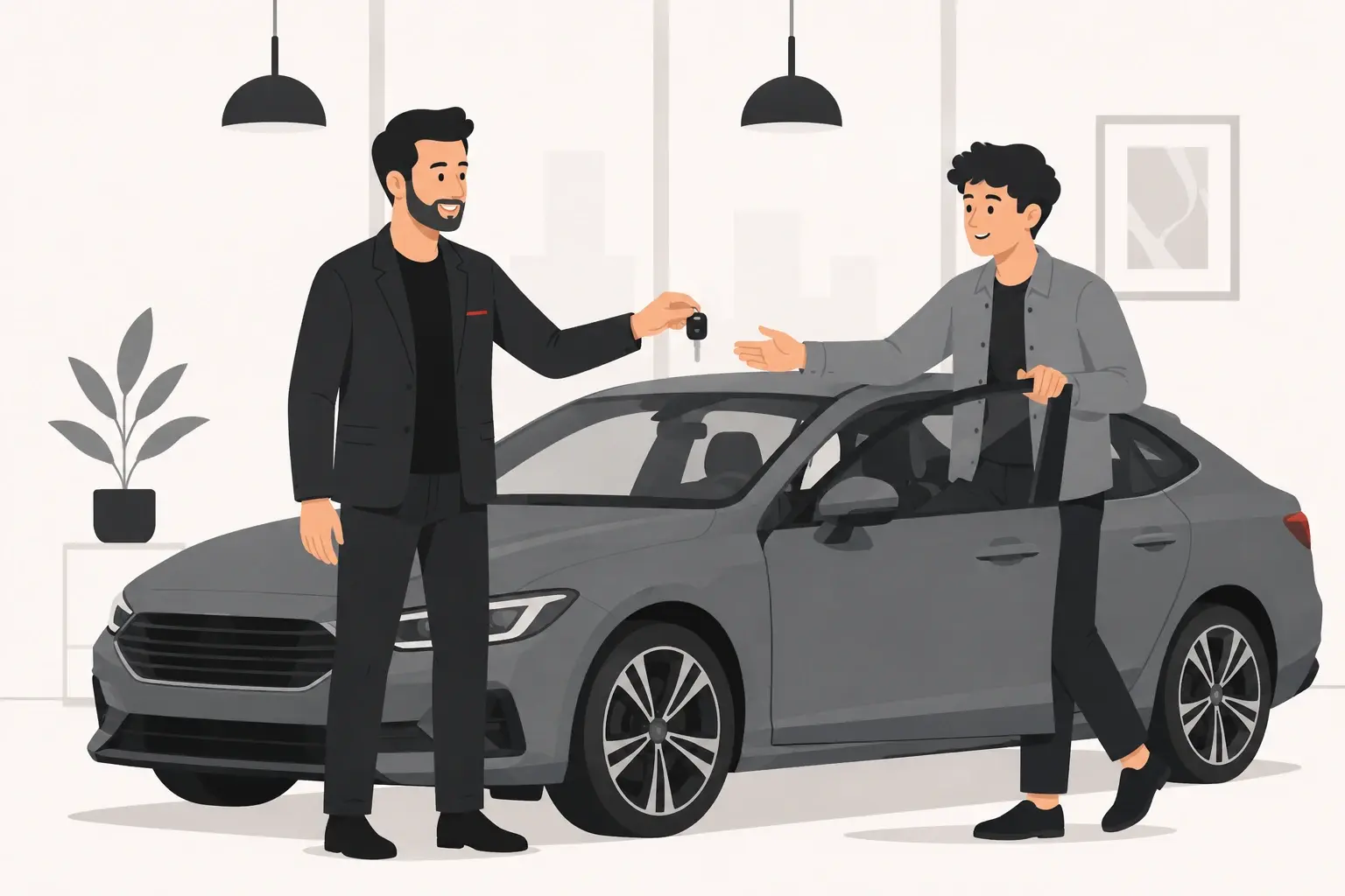 AutoCenter-Berater überreicht einem Kunden am Fahrzeug den Schlüssel zur Probefahrt